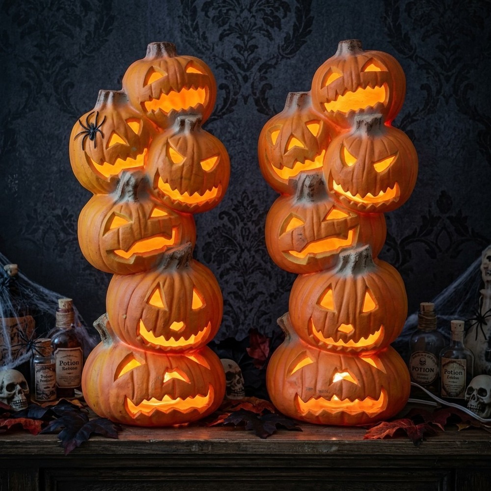 Trendmasters 6 Stacked Pumpkins Lighted Halloween Foam Mold 18", Set of 2, 1993